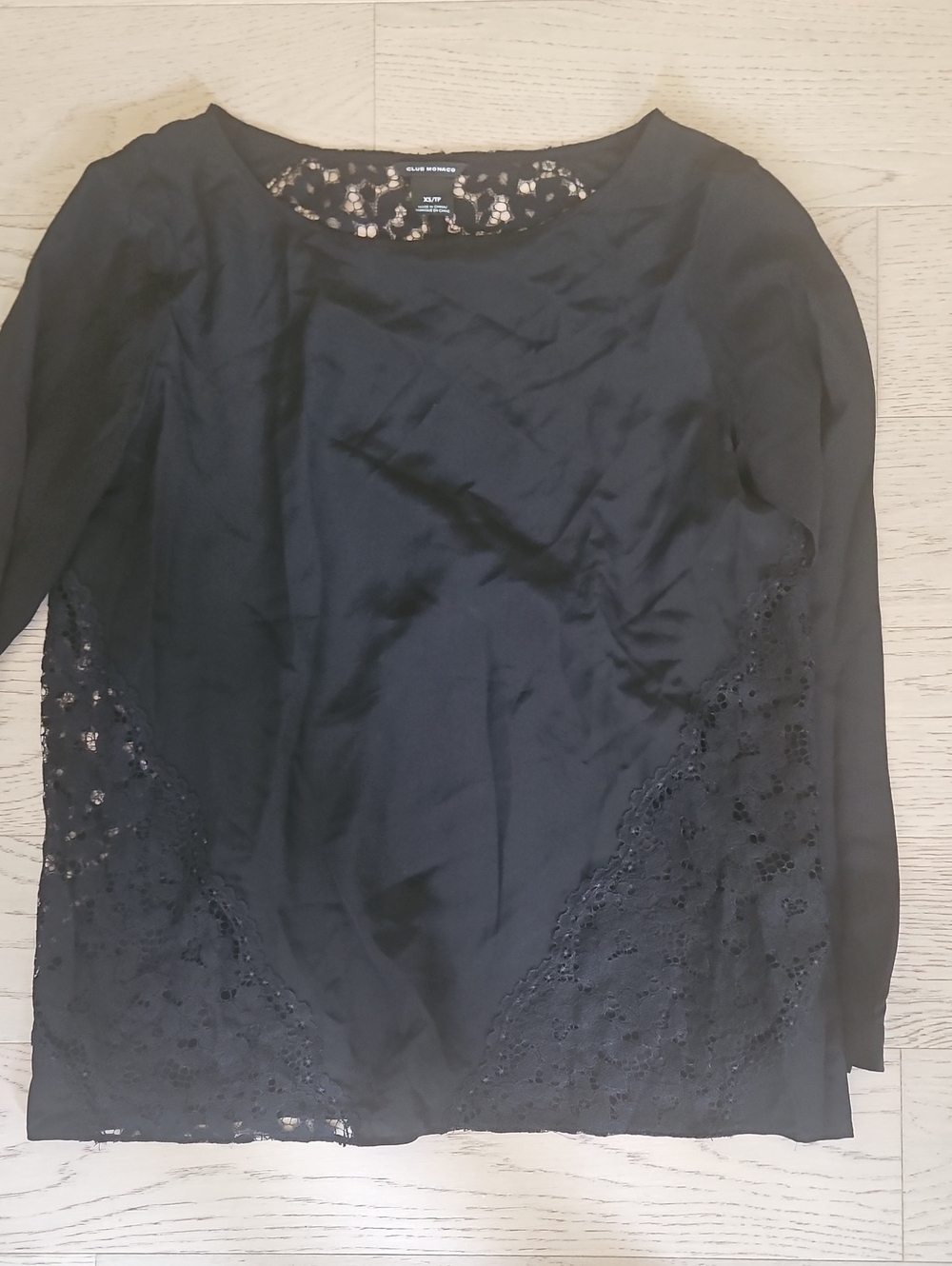 Club Monaco Black Lace Trim Long Sleeve Top